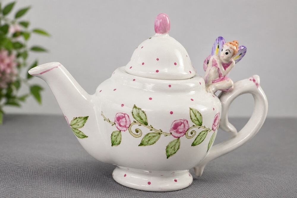 Vintage Fairy Mini Ceramic Teapot Trinket Box Pink Floral Polka Dot 5 Inch
